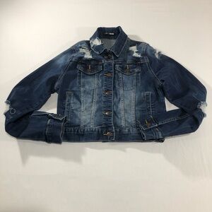 Fashion Nova Women’s Distressed Cropped Blue Medium Wash Denim Jacket Size Small